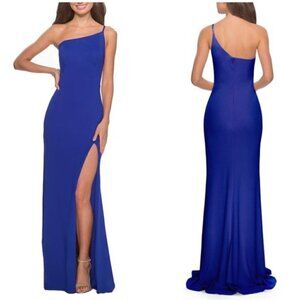 LA FEMME One-Shoulder Jersey Gown in Royal Blue Size US 12